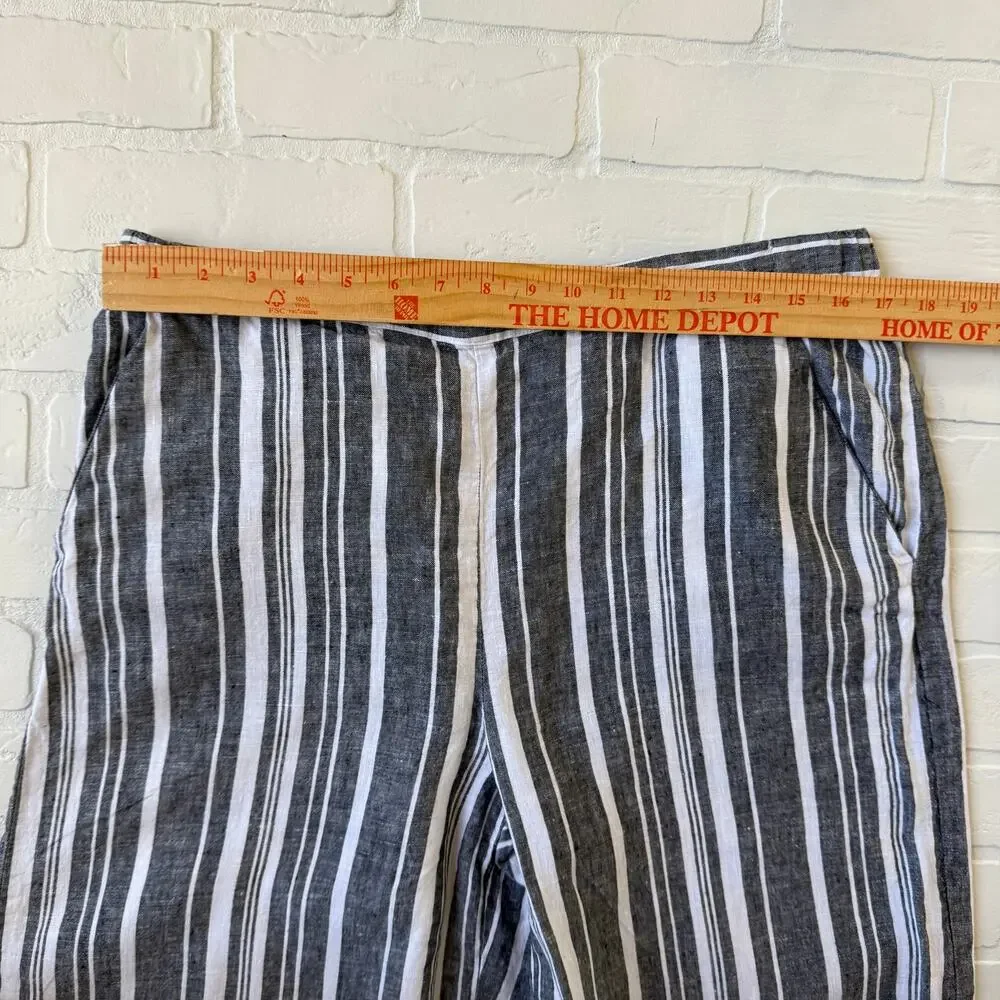 Ellen Tracy Women's Dark Grey/Black Striped Wide Leg Pockets Linen Pants sz L